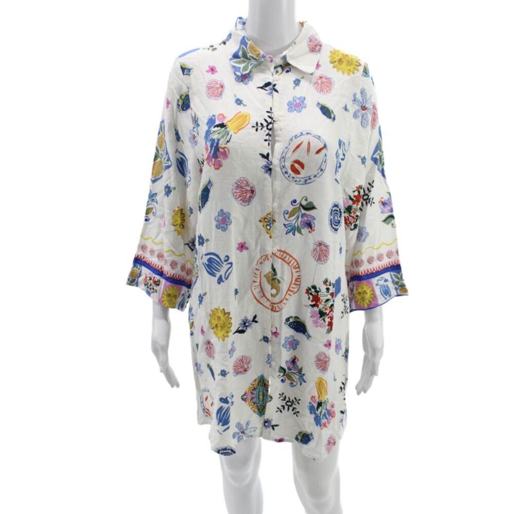 Label of Love Womens Shirt Dress White Floral 3/4 Sleeve Button Size M